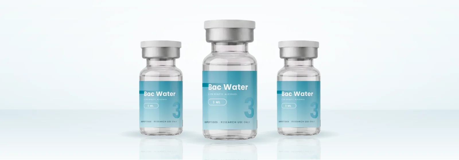Drei Fläschchen Bac Water 3 ml mit 0,9 % Benzylalkohol, echte Produktfotos (OXpeptides-Ware)